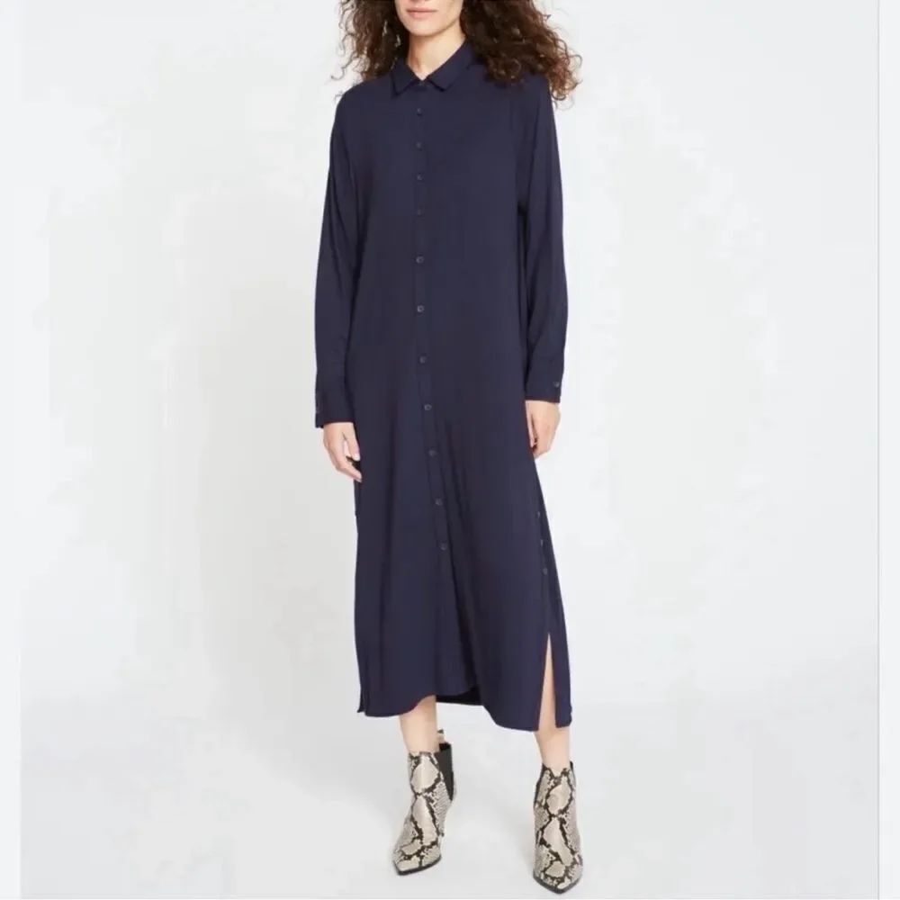 UNIVERSAL STANDARD Sally Shirt Dress Liquid Jersey Long Sleeve Navy XS (10/12)